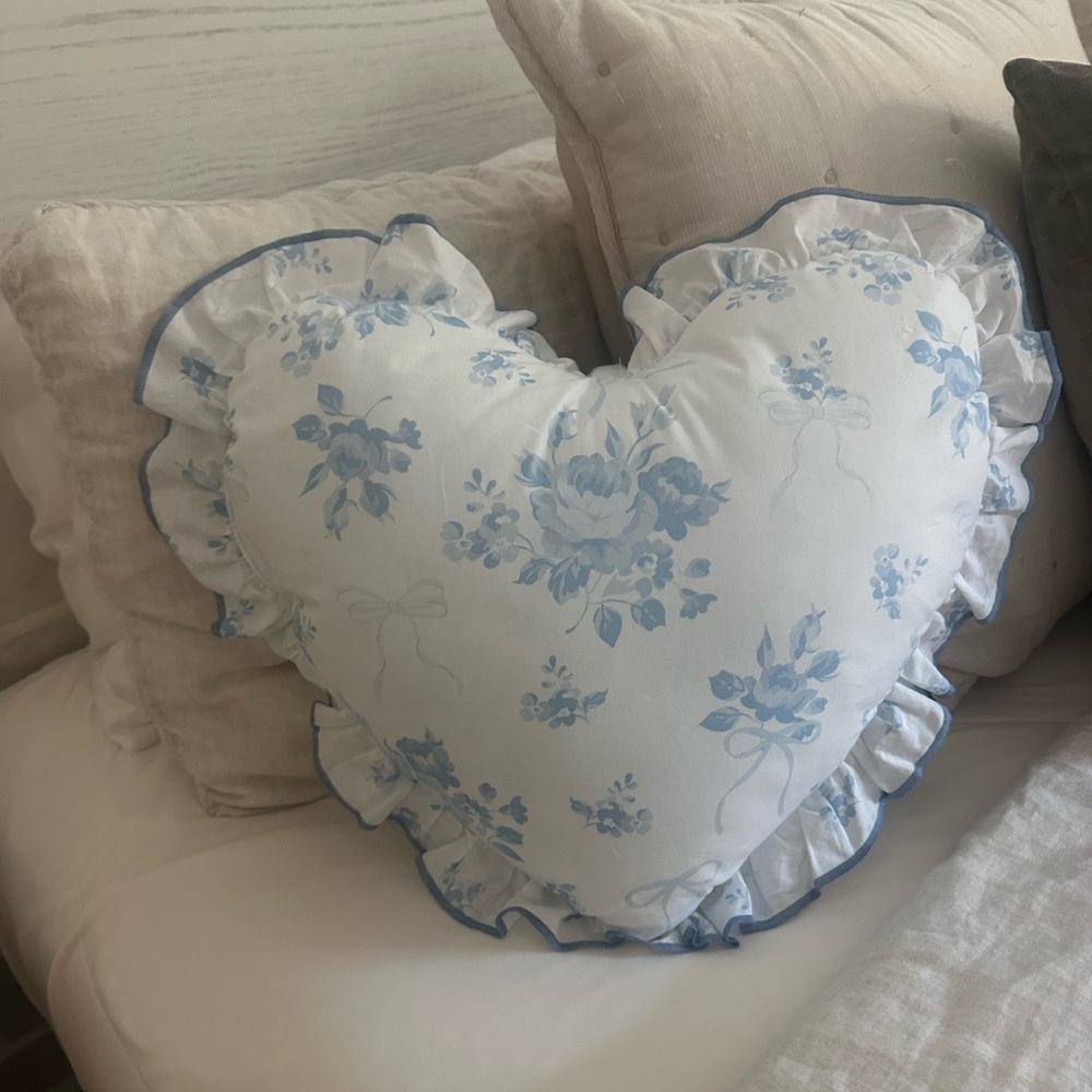 Floral Heart-Shaped Pillow - Blue and White